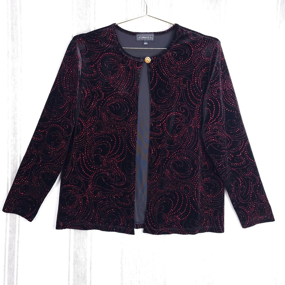 VTG Christmas Jacket Womens Large Black Velvet Red Glitter Rhinestone‎ Holiday